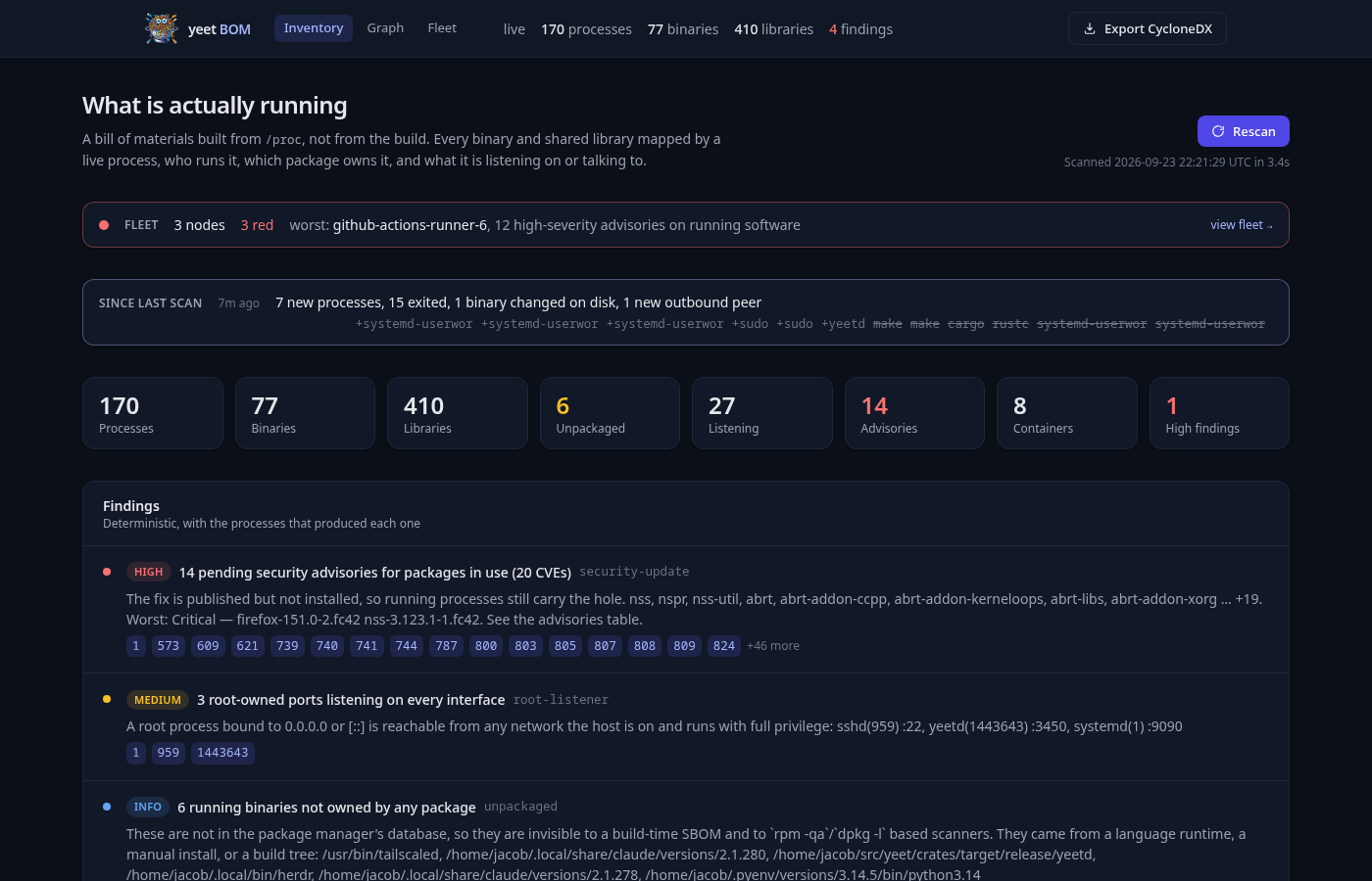 The inventory page: findings, advisories, and what changed since the last scan