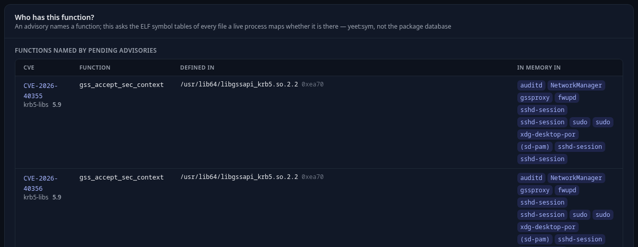 Functions named by pending advisories, checked against memory