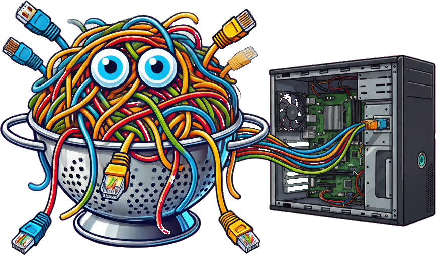 The yeet ethernet cable monster in its colander, plugged into an open computer
