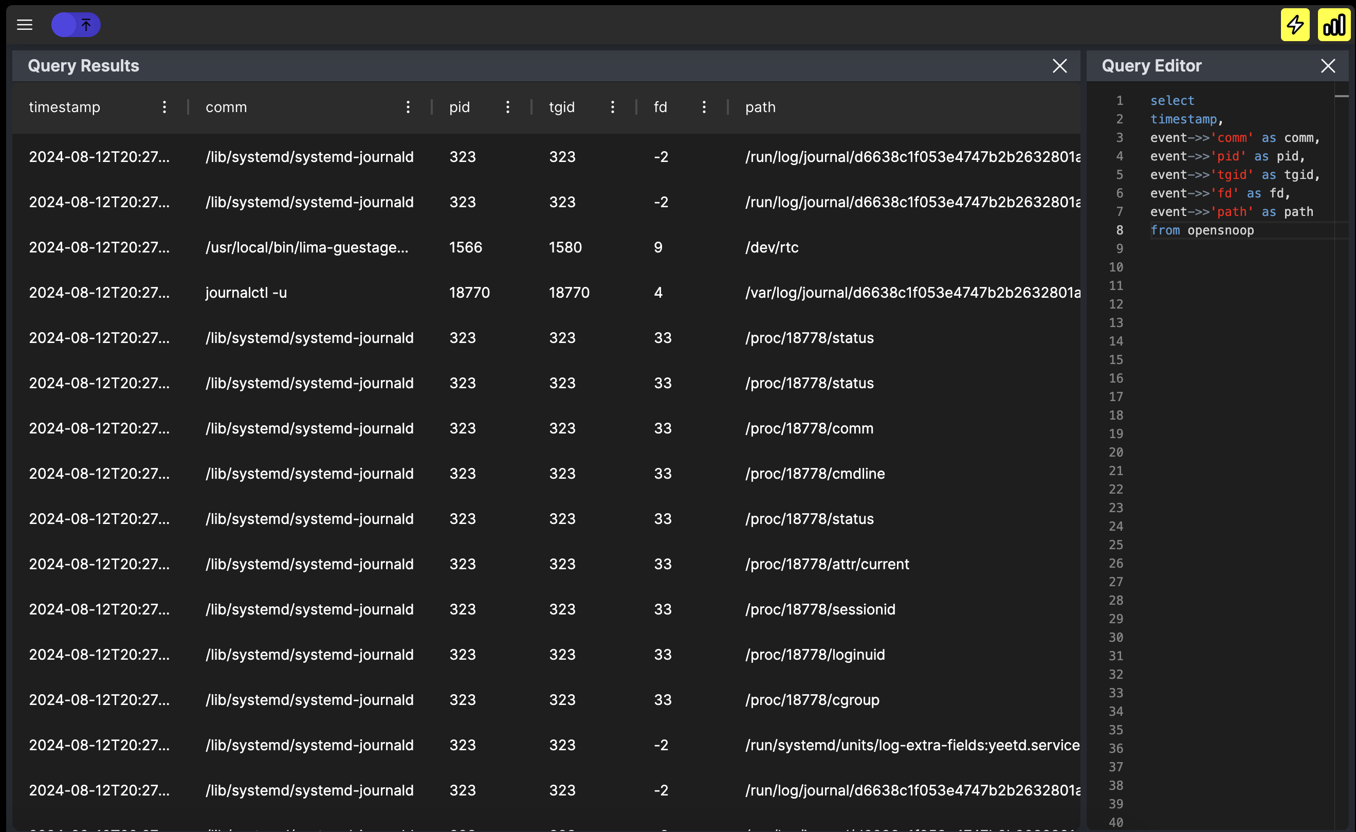 yeet profiling a the open syscall, getting file descriptors and accessed paths.