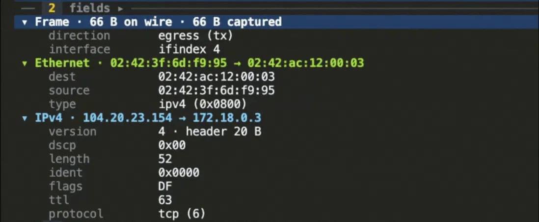 Wireshark's three panes, in the terminal, on any interface
